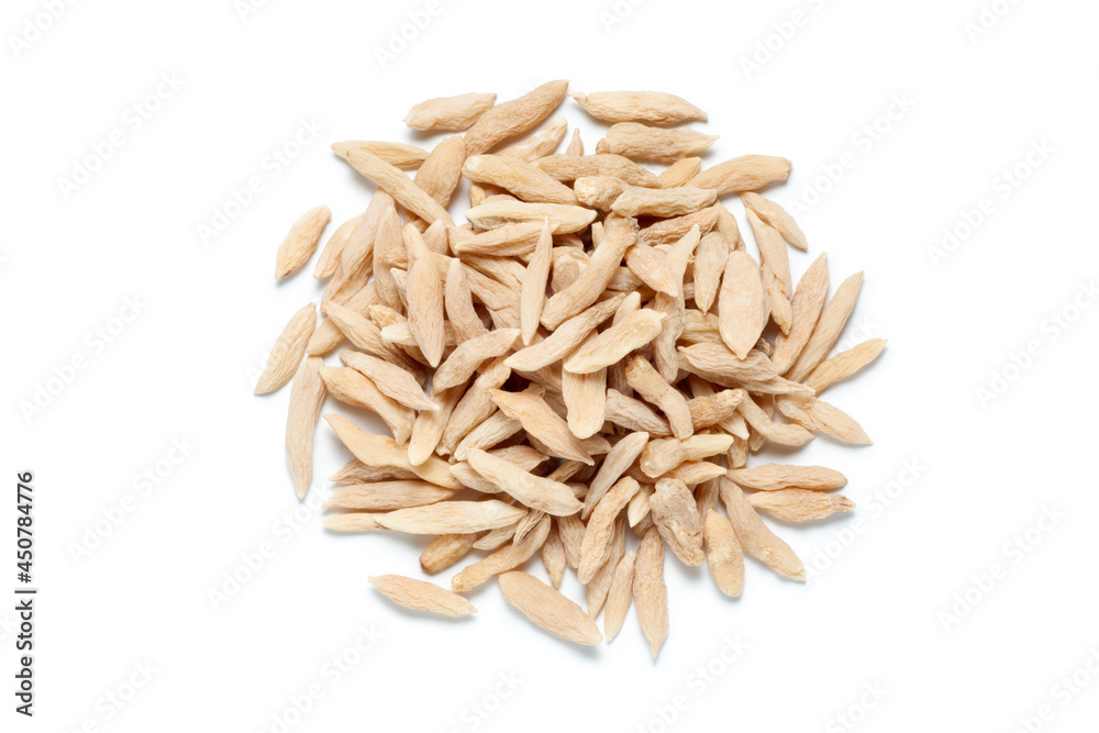 Pile of ophiopogon japonicus (maidong) isolated on white background. Chinese herbal medicine. Pile of ophiopogon japonicus (maidong) isolated on white background. Chinese herbal medicine.