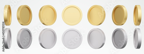 3D Rendering concept of golden and silver coins. Set of spinning coins in many views isolated on white background. 3D Render. 3d illustration. Rotation of money icons at different angles.