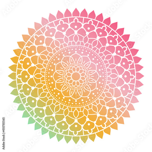 Gradien color mandala ornament outline pattern. Indian geometric art graphic for meditation. Isolated vector illustration.