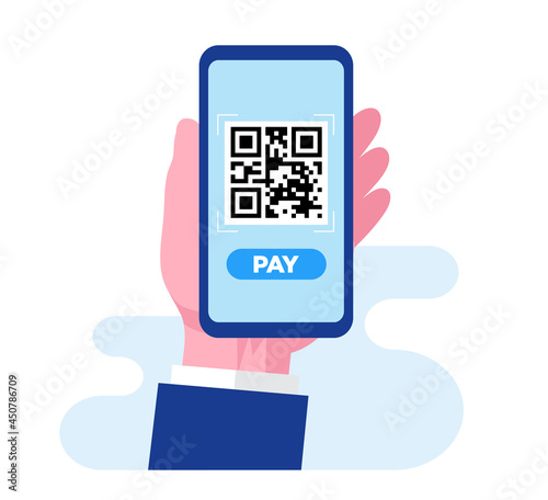QR scan code with smartphone. Easy payment. Landing page website illustration vector flat design 