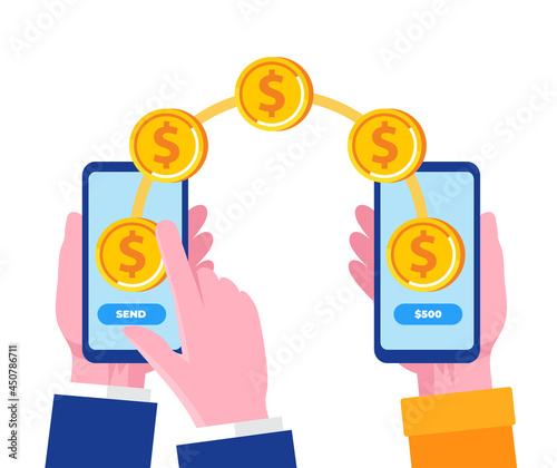 Online transaction, transfer, payment money, mobile banking technology landing page website illustration flat vector template 