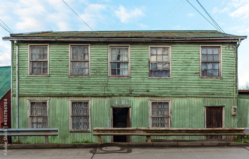 Traditional wood panelling and zinc plates architecture, Castro city, Chiloe Island, Chile.