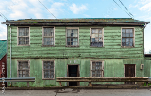 Traditional wood panelling and zinc plates architecture, Castro city, Chiloe Island, Chile. photo