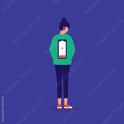 Exhausted Woman With Low Battery On Her Back. Loss Of Energy And Burnout Concept.
