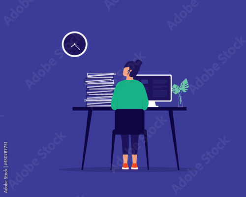 Stress Woman With Workload Overload Working Overtime.