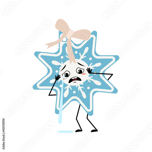Cute Christmas snowflake with crying and tears emotion, sad face, depressive eyes, arms and legs. Joyful New Year festive decoration with with depression expression