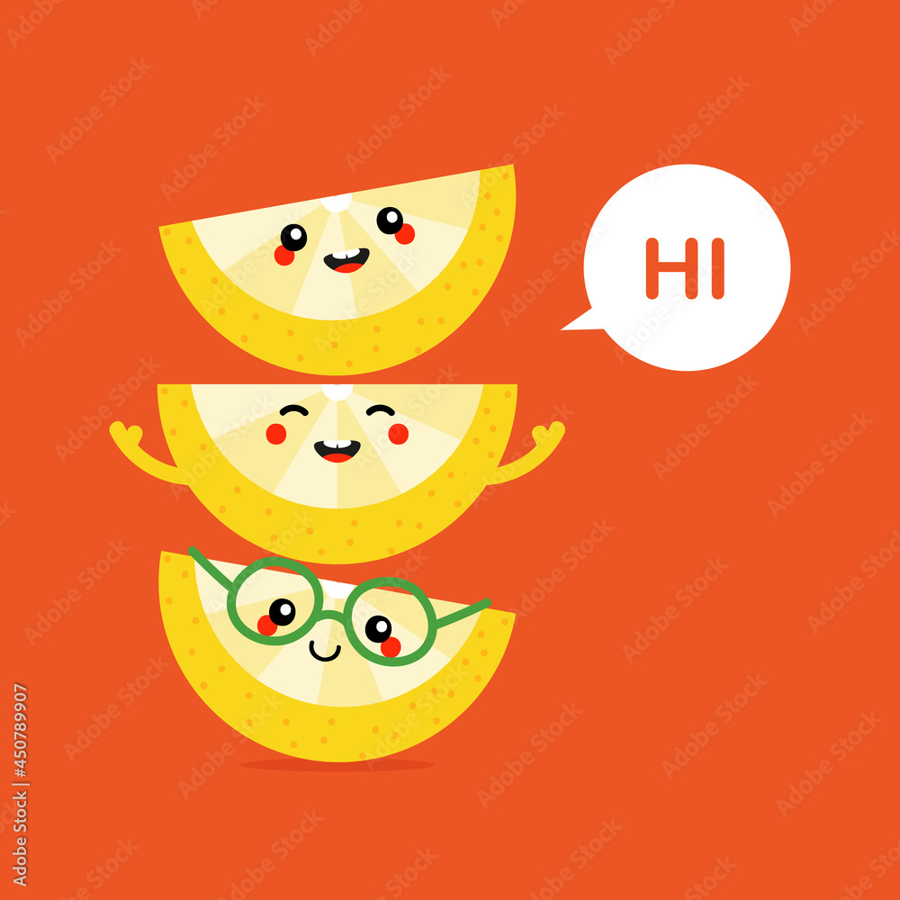 Cute cartoon style three smiling lemon slice characters having fun, saying hi, hello.

