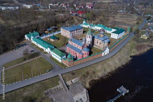 Old Ladoga St. Nicholas Monastery on a sunny April day (aerial photography). Leningrad region, Russia photo