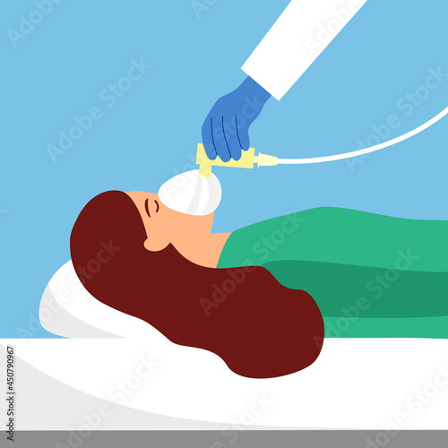 Doctor or nurse placing oxygen mask on woman patient lying on hospital bed. Oxygen therapy. Lung or respiratory system disease. Breathing problem. Inhaler assistance.