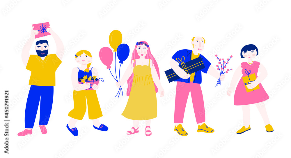Set of different people with gifts.  Characters holding holiday boxes, flowers and air balloons in their hands. Simple vector flat illustration with young people going to birthday party