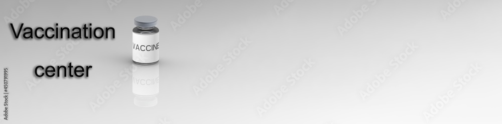 ampoule with vaccine against the virus on a gray background. Caption: vaccination center 3d image. 3d rendering. banner for insertion on the site ampoule with vaccine against the virus on a gray background. Caption: vaccination center 3d image. 3d rendering. banner for insertion on the site