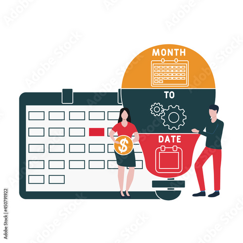 Flat design with people. MTD - Month To Date acronym. business concept background. Vector illustration for website banner, marketing materials, business presentation, online advertising photo