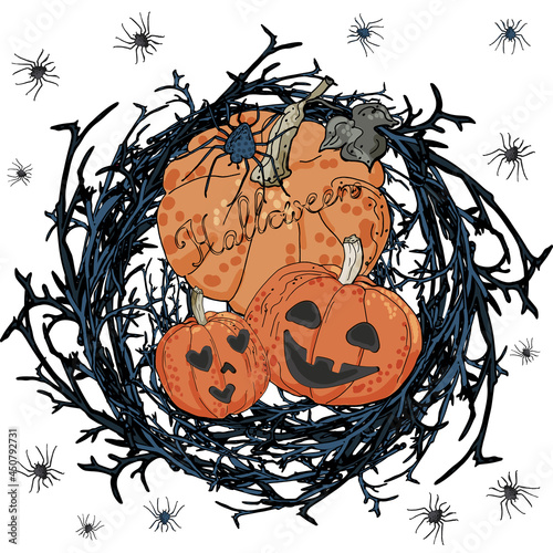 Halloween composition with brushwood wreath, pumpkins and spiders in dark blue and orange.  'Halloween'  lettering is used.
