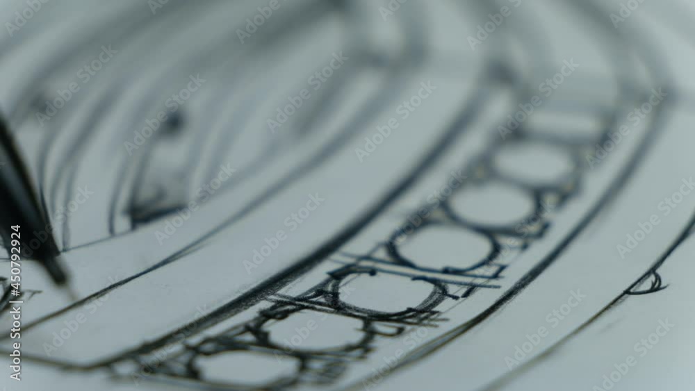 Craft goldsmith work. Portrait of young jeweler drawing a sketch of a new ring. Concept of: wedding, luxury, jewelry
