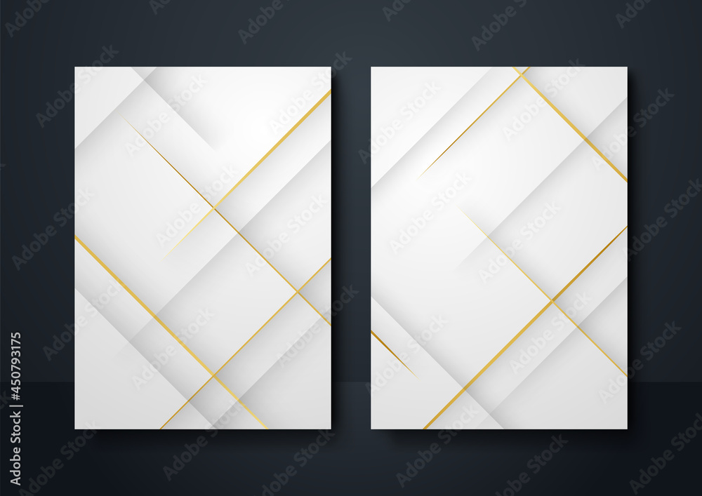 Obraz premium Set of luxury gold and white background, abstract decoration, golden pattern, gradients, 3d vector illustration. White, grey, gold lines cover template, geometric shapes, modern presentation design
