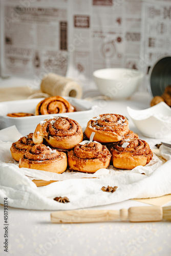Cinnamon rolls. Cinnamon biscuits witch chocolate. Delicious dessert. 