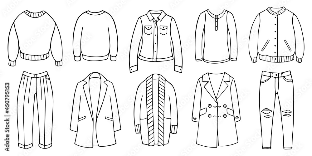Hand-drawn set of female clothes for spring and autumn. Doodle women garment items isolated on the white background Hand-drawn set of female clothes for spring and autumn. Doodle women garment items isolated on the white background