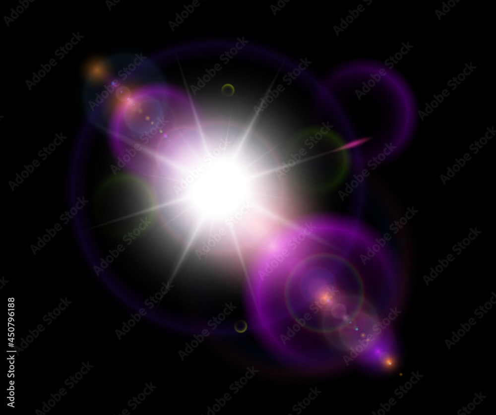 Sun with lens flare on black background, glowing star with colorful bokeh vector illustration.
Sun with lens flare on black background, glowing star with colorful bokeh vector illustration.