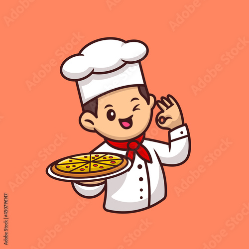Cute Chef With Pizza Cartoon Vector Icon Illustration. People Food Icon Concept Isolated Premium Vector. Flat Cartoon Style 