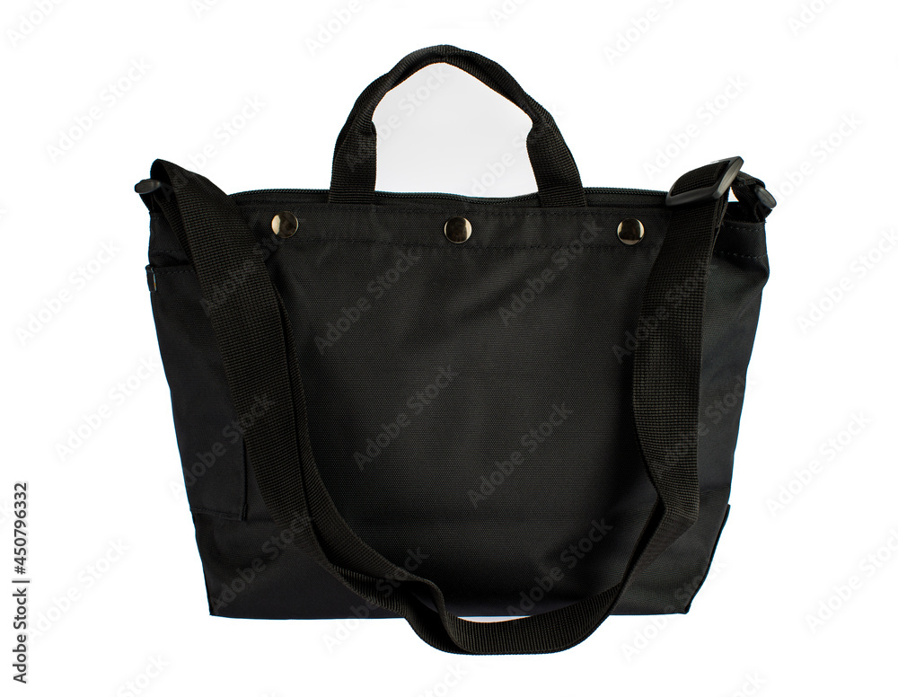 Isolated closeup studio shot of new casual modern trendy fashionable fabric black bag handbag baggage with strap on white background Isolated closeup studio shot of new casual modern trendy fashionable fabric black bag handbag baggage with strap on white background