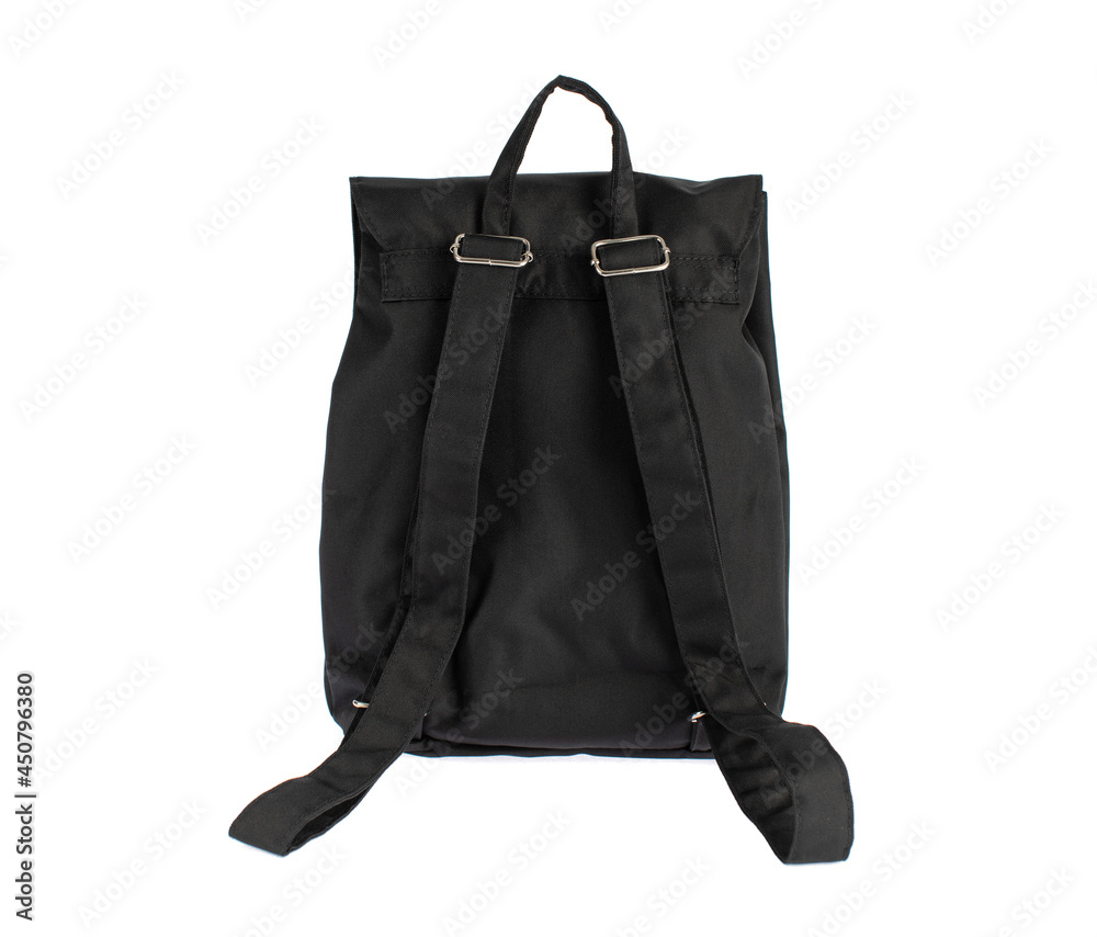 Isolated closeup studio shot of new small casual modern trendy fashionable fabric black messenger bag on white background Isolated closeup studio shot of new small casual modern trendy fashionable fabric black messenger bag on white background
