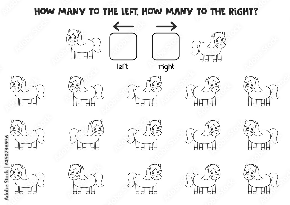 Left or right with black and white horse. Logical worksheet for preschoolers.