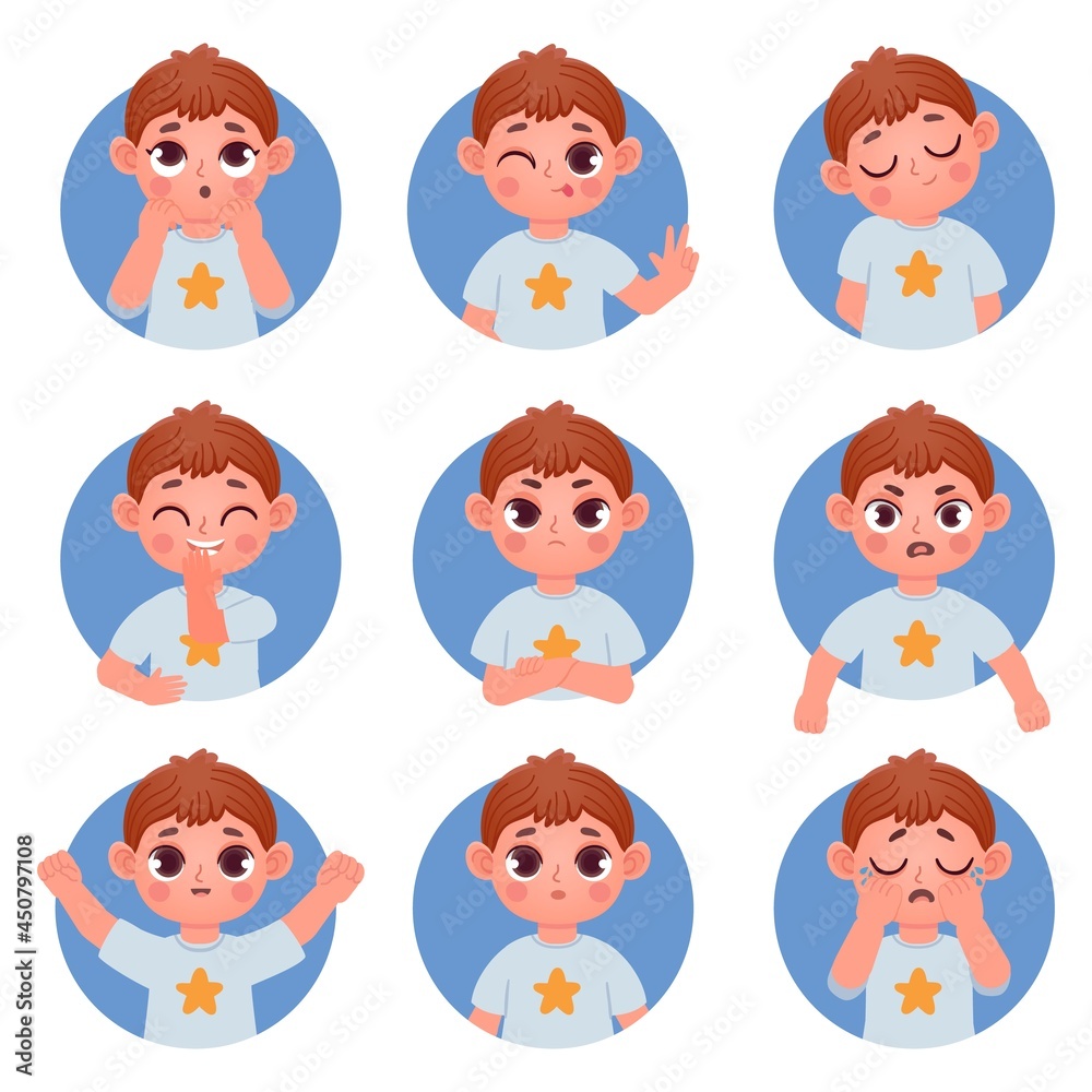 Cartoon little boy avatar face emotions and feelings. Child emoji confused, angry, laugh and cry. Boy character facial expression vector set Cartoon little boy avatar face emotions and feelings. Child emoji confused, angry, laugh and cry. Boy character facial expression vector set