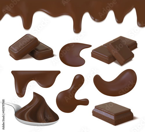 Realistic chocolate cream puddles, cocoa butter and bar pieces. Dark chocolate swirl on spoon, liquid icing border and melt drop vector set