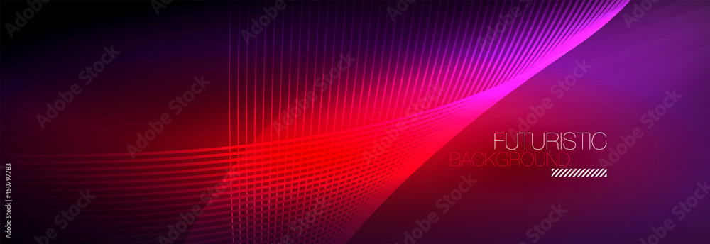 Abstract neon glowing light in the dark with waves. Shiny magic energy and motion concept, vector abstract wallpaper background Abstract neon glowing light in the dark with waves. Shiny magic energy and motion concept, vector abstract wallpaper background