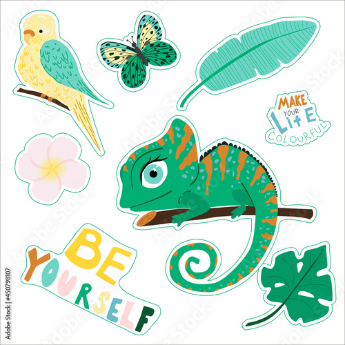 A set of stickers with animals, plants and lettering. Chameleon, butterfly, parrot, tropical flowers and leaves in cartoon style. Vector illustration