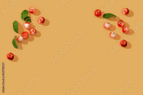 Pattern from small red apples and green leaves, autumn harvest concept. photo