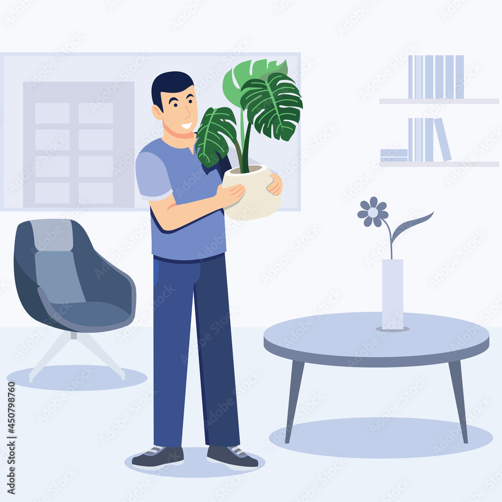 Fototapeta premium young man cutting monstera plant in house, cartoon, bundle vector illustration. character in different position.