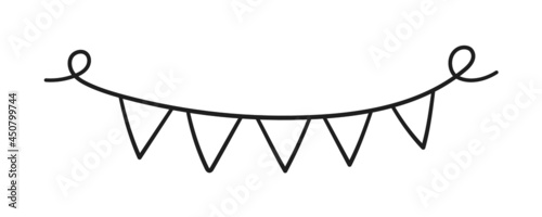 Hand drawn holiday bunting. Doodle birthday garland of flags. Children doodle drawing. Isolated vector illustration on white background.