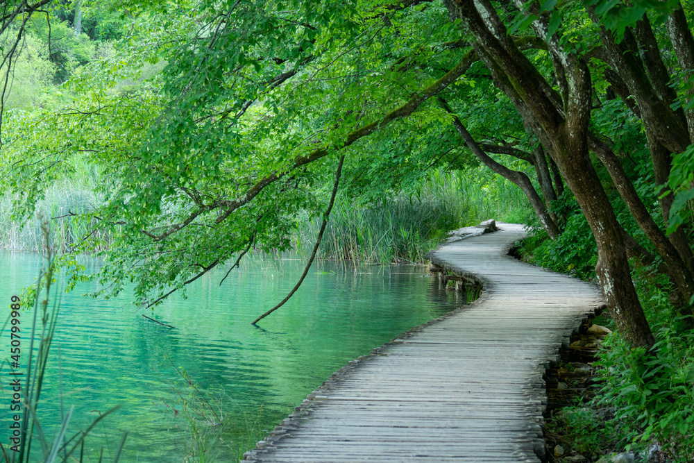 Naklejka premium Empty walkway runs along the shore of a stunning emerald lake in Plitvice.