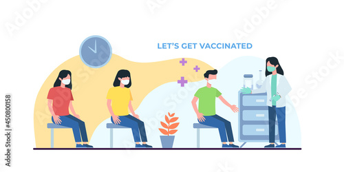 Coronavirus vaccination, doctor injecting a patient, getting first shot of covid vaccine in arm muscle. Medical doctor in protective suit and mask, process of immunization against covid-19, vector