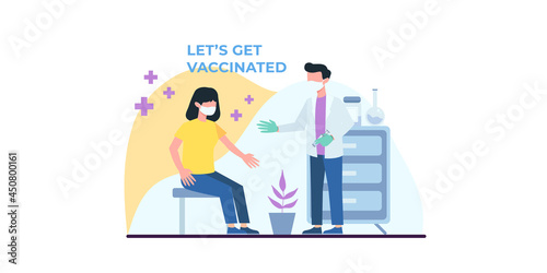 Coronavirus vaccination, doctor injecting a patient, getting first shot of covid vaccine in arm muscle. Medical doctor in protective suit and mask, process of immunization against covid-19, vector