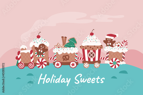Christmas gingerbread train biscuit, sweet desserts for fabric, linen, textiles and wallpaper