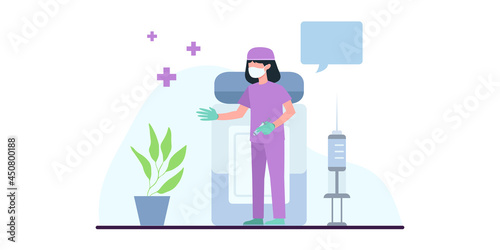 Coronavirus vaccination, doctor injecting a patient, getting first shot of covid vaccine in arm muscle. Medical doctor in protective suit and mask, process of immunization against covid-19, vector
