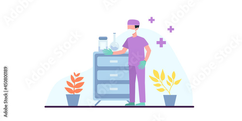Coronavirus vaccination, doctor injecting a patient, getting first shot of covid vaccine in arm muscle. Medical doctor in protective suit and mask, process of immunization against covid-19, vector