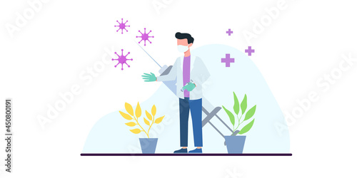 Coronavirus vaccination, doctor injecting a patient, getting first shot of covid vaccine in arm muscle. Medical doctor in protective suit and mask, process of immunization against covid-19, vector