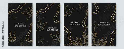 Vector Black and Gold Design Templates set. Gold floral flower nature leaves lines on black background. Illustration from vector about modern template deluxe design for stories social media template.

