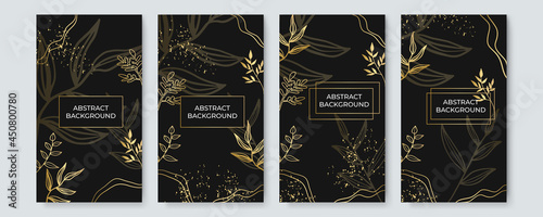 Vector Black and Gold Design Templates set. Gold floral flower nature leaves lines on black background. Illustration from vector about modern template deluxe design for stories social media template.
