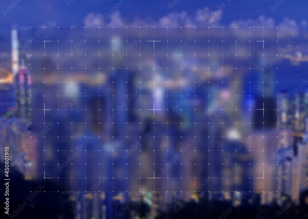 Square grid made of sheer lines and dots on blurred night view of Hong Kong cityscape. Abstract full frame background with blue hue.