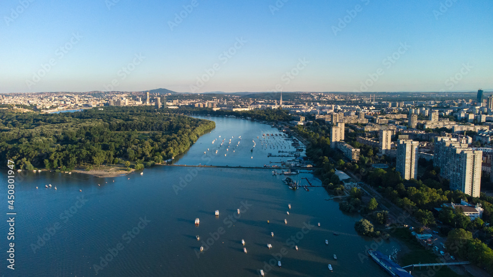 Fototapeta premium Drone view of Belgrade panorama on a Danube river, Serbia.
