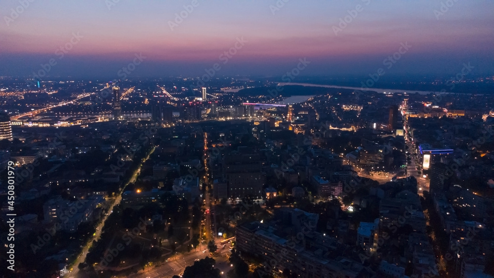 Night drone view of Belgrade, Serbia.