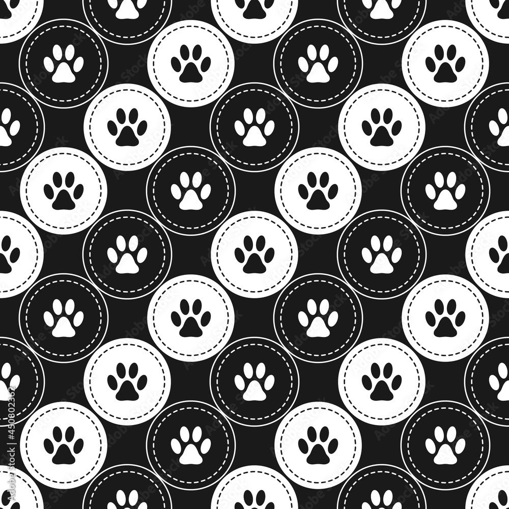 Seamless pattern background with footprints of home pet in circles, diagonal direction. Black and white. Vector.