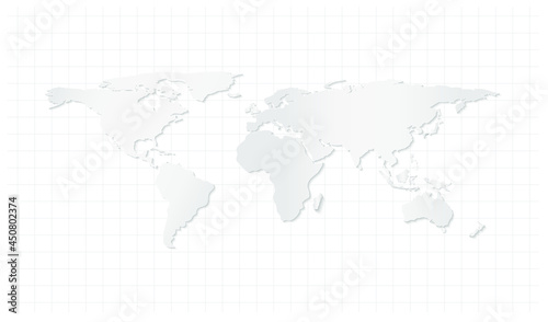 World map paper cut design with shadow and grid background