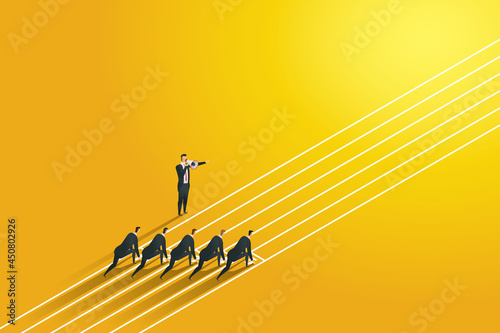 Businessman announced, pointing his hand, instructing his subordinates to start running