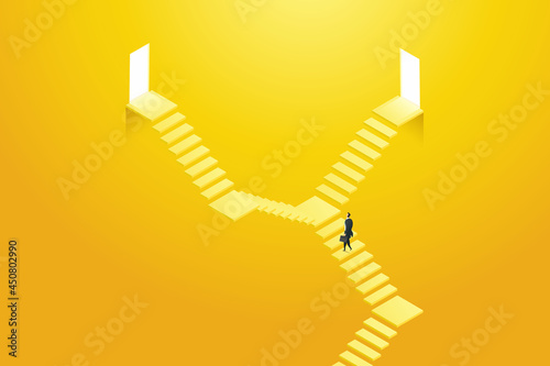 Businessman stood in front of two steps leading up to a door that was lit on in opposite directions.