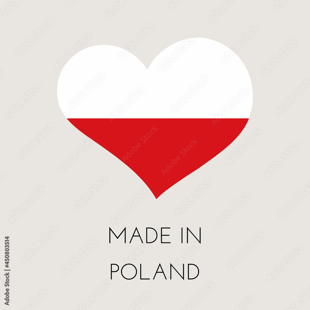 Heart shaped label with Polish flag. Made in Poland Sticker. Factory, manufacturing and production country concept. Vector stock illustration Heart shaped label with Polish flag. Made in Poland Sticker. Factory, manufacturing and production country concept. Vector stock illustration